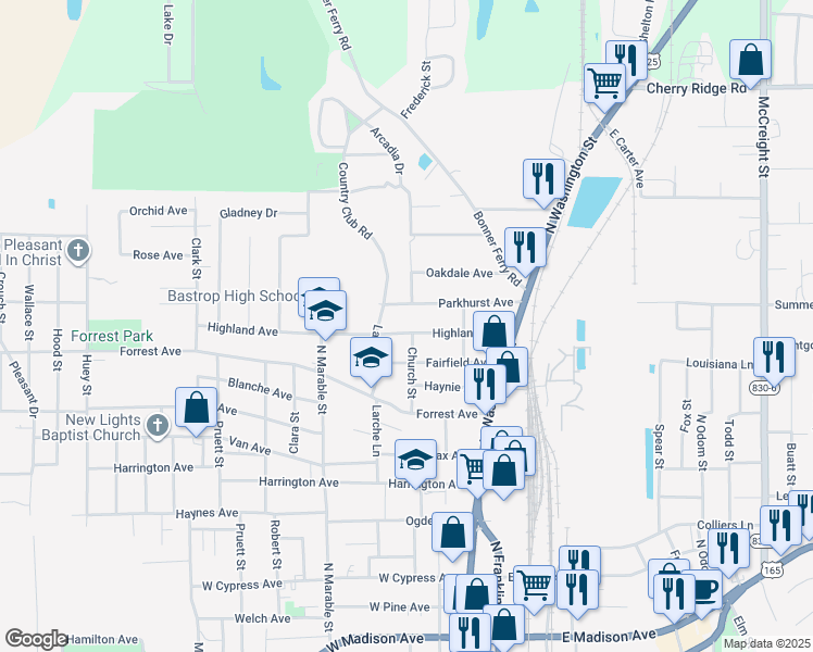 map of restaurants, bars, coffee shops, grocery stores, and more near 300 Highland Avenue in Bastrop