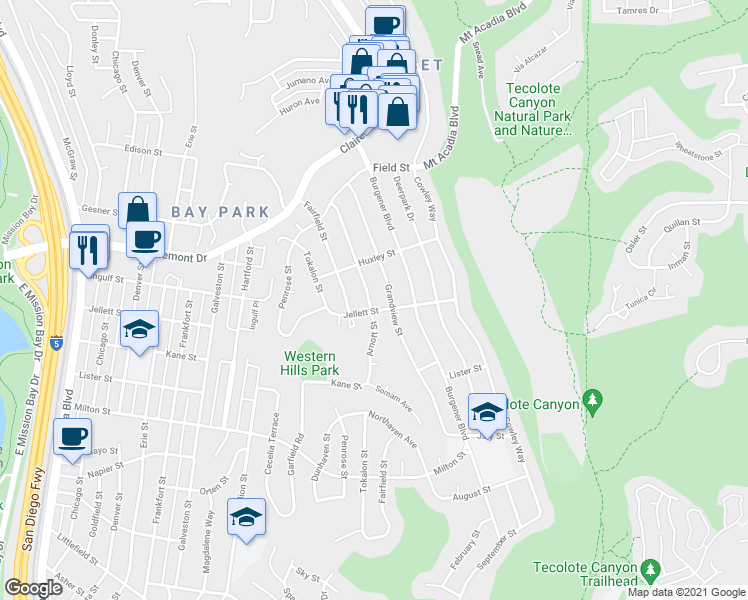 map of restaurants, bars, coffee shops, grocery stores, and more near 2609 Arnott Street in San Diego