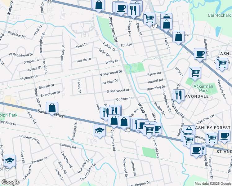 map of restaurants, bars, coffee shops, grocery stores, and more near 1335 South Sherwood Drive in Charleston