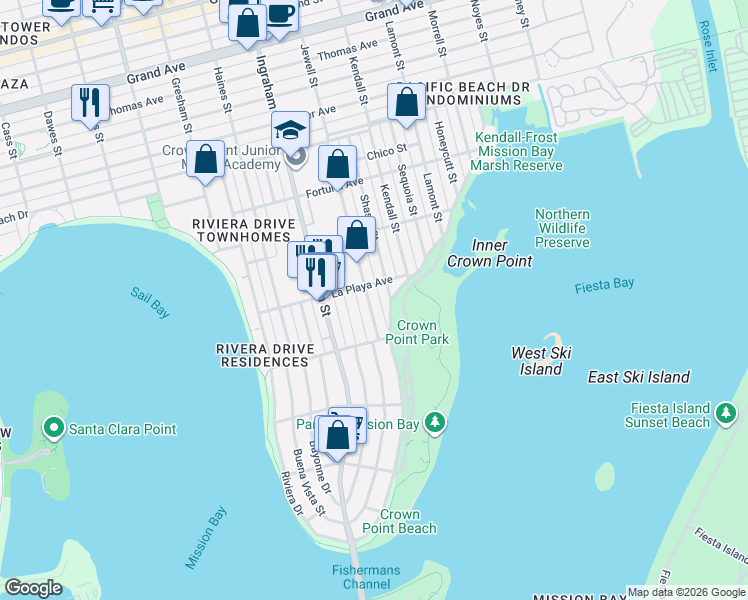 map of restaurants, bars, coffee shops, grocery stores, and more near 3761 Jewell Street in San Diego