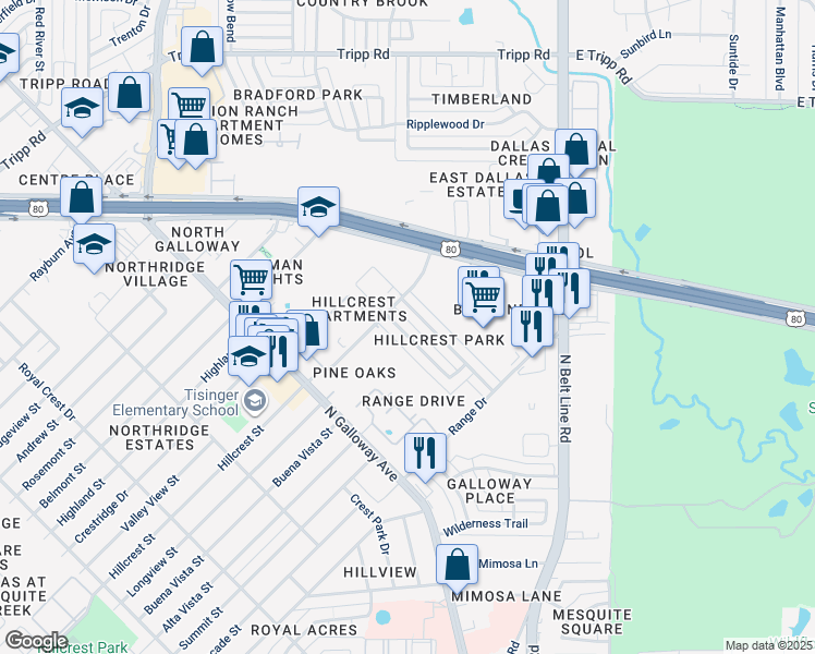 map of restaurants, bars, coffee shops, grocery stores, and more near 1634 Hancock Drive in Mesquite