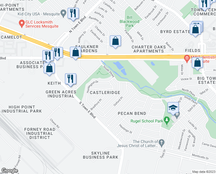 map of restaurants, bars, coffee shops, grocery stores, and more near 3409 Dublin Trail in Mesquite