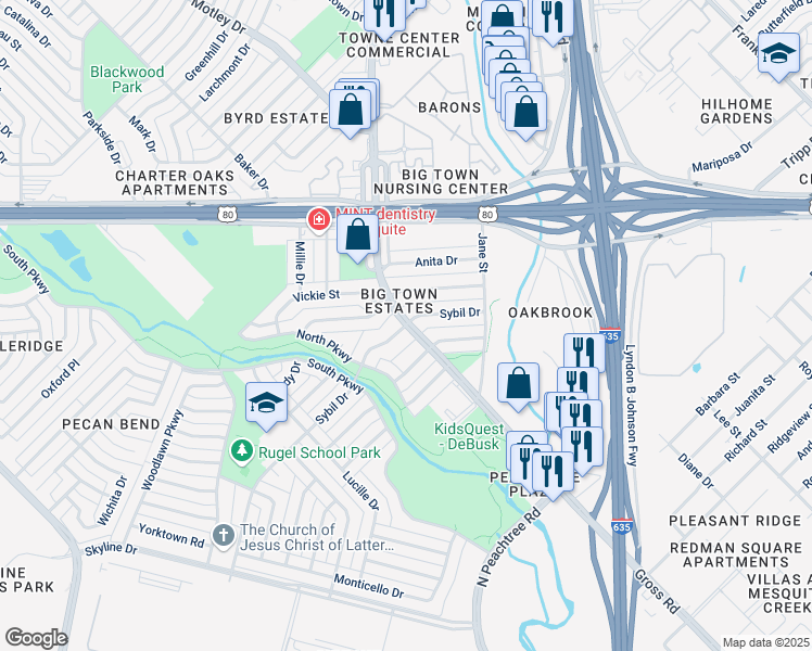 map of restaurants, bars, coffee shops, grocery stores, and more near Gross Rd & Sybil Dr in Mesquite