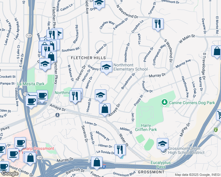 map of restaurants, bars, coffee shops, grocery stores, and more near 7 White Place in La Mesa
