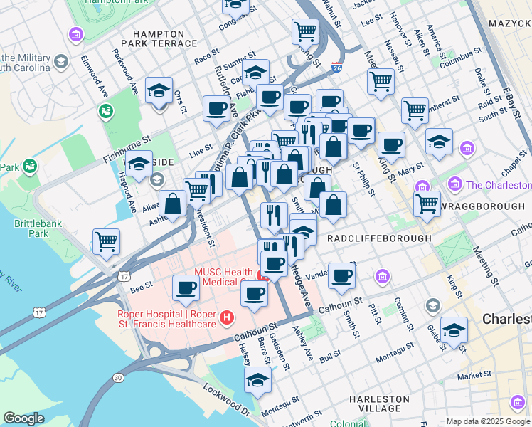 map of restaurants, bars, coffee shops, grocery stores, and more near 105 Cannon Street in Charleston