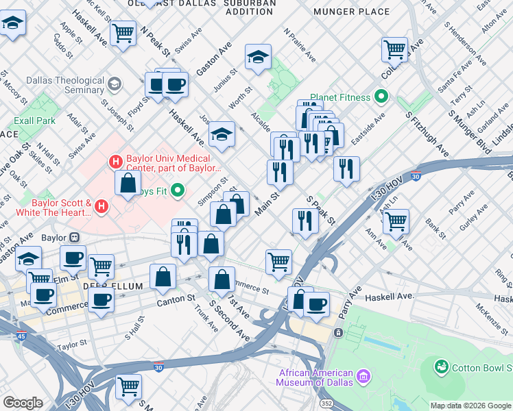 map of restaurants, bars, coffee shops, grocery stores, and more near 4027 Main Street in Dallas