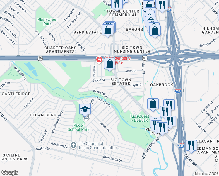 map of restaurants, bars, coffee shops, grocery stores, and more near 2430 Loyce Drive in Mesquite