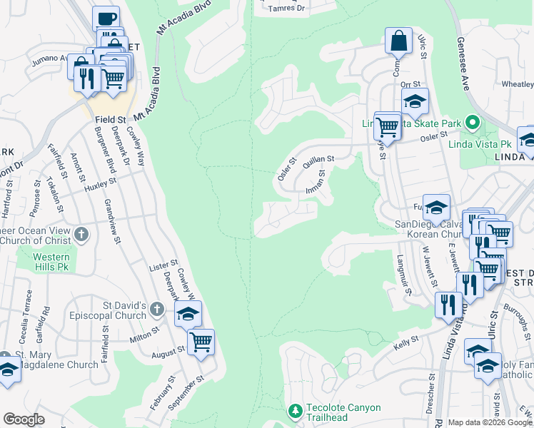 map of restaurants, bars, coffee shops, grocery stores, and more near 2450 Sendero Way in San Diego