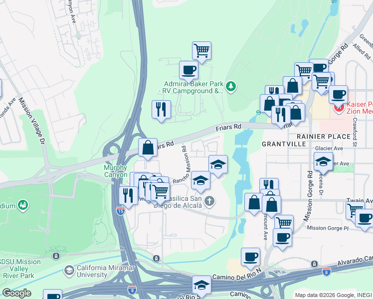 map of restaurants, bars, coffee shops, grocery stores, and more near 6341 Rancho Mission Road in San Diego
