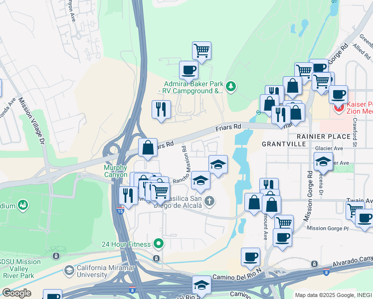 map of restaurants, bars, coffee shops, grocery stores, and more near 6363 Rancho Mission Road in San Diego