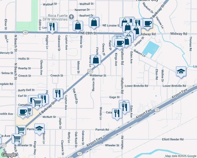 map of restaurants, bars, coffee shops, grocery stores, and more near 4808 Waldemar Street in Haltom City