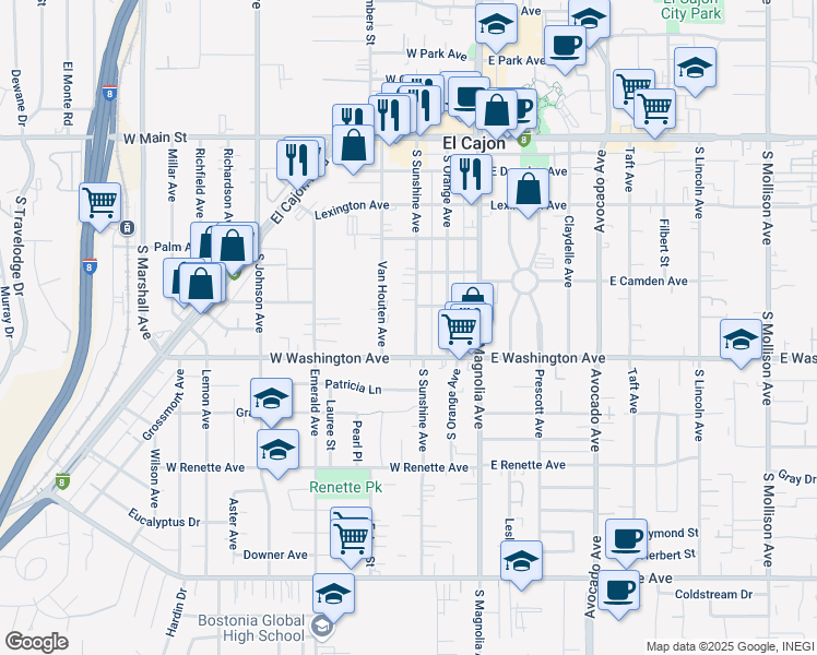 map of restaurants, bars, coffee shops, grocery stores, and more near 638 South Sunshine Avenue in El Cajon