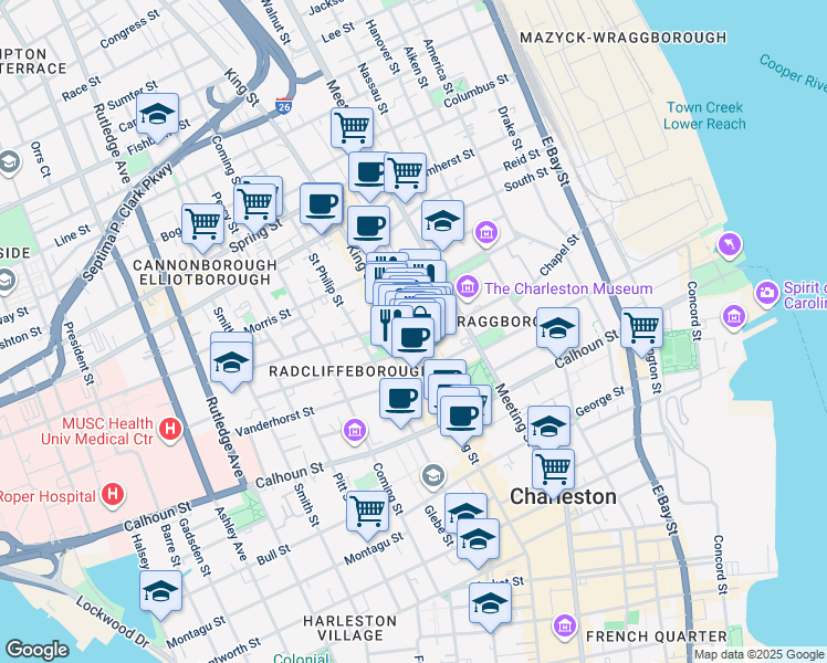 map of restaurants, bars, coffee shops, grocery stores, and more near 36 John Street in Charleston