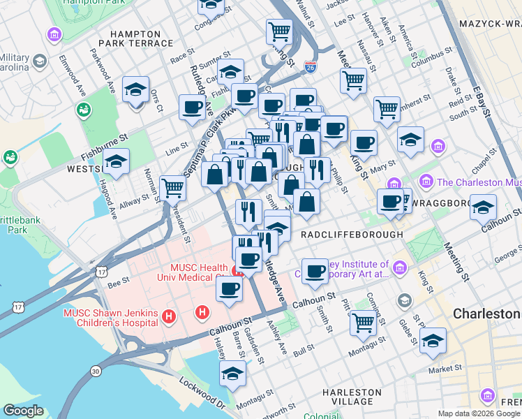 map of restaurants, bars, coffee shops, grocery stores, and more near 92 Morris Street in Charleston