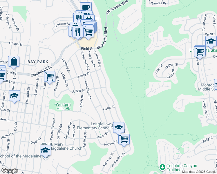 map of restaurants, bars, coffee shops, grocery stores, and more near 2585 Cowley Way in San Diego