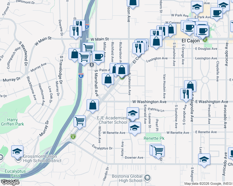 map of restaurants, bars, coffee shops, grocery stores, and more near 617 Lemon Avenue in El Cajon