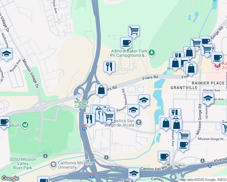 map of restaurants, bars, coffee shops, grocery stores, and more near 6394 Rancho Mission Road in San Diego