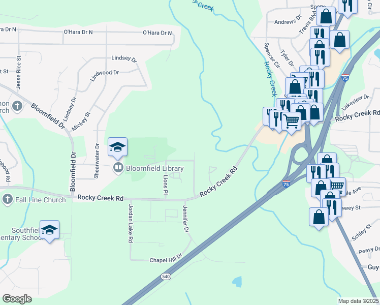 map of restaurants, bars, coffee shops, grocery stores, and more near 4065 Southview Drive in Macon