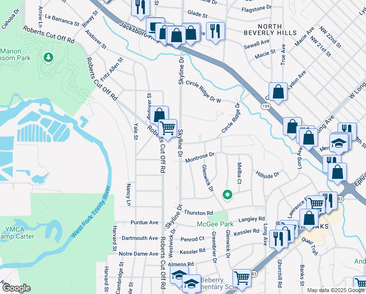 map of restaurants, bars, coffee shops, grocery stores, and more near 5141 Circle Ridge Drive in Fort Worth