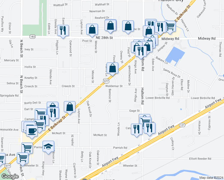 map of restaurants, bars, coffee shops, grocery stores, and more near 1936 Bernice Street in Haltom City