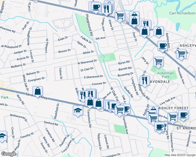 map of restaurants, bars, coffee shops, grocery stores, and more near 1316 Coosaw Drive in Charleston