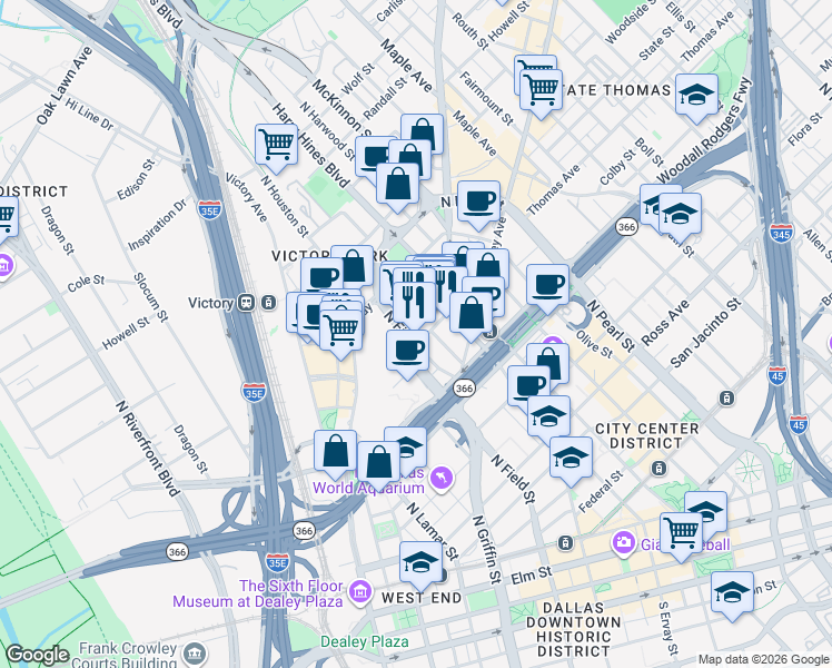 map of restaurants, bars, coffee shops, grocery stores, and more near 2300 North Field Street in Dallas