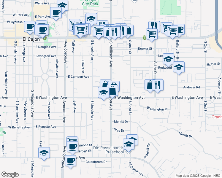 map of restaurants, bars, coffee shops, grocery stores, and more near 639 South Mollison Avenue in El Cajon