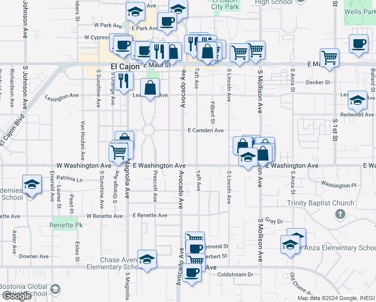 map of restaurants, bars, coffee shops, grocery stores, and more near 664 Taft Avenue in El Cajon