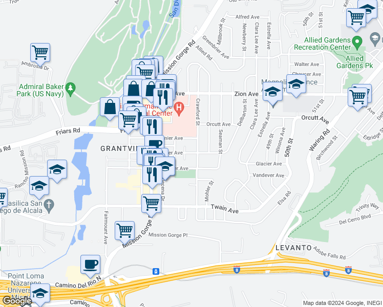 map of restaurants, bars, coffee shops, grocery stores, and more near 4655 Glacier Avenue in San Diego