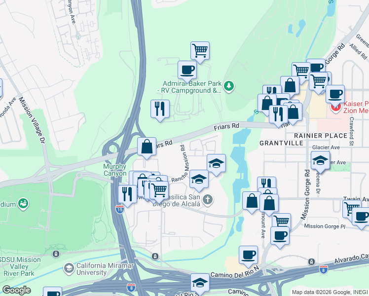 map of restaurants, bars, coffee shops, grocery stores, and more near 6341 Rancho Mission Road in San Diego