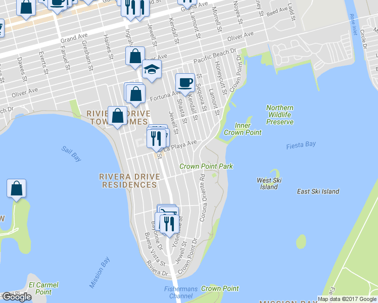 map of restaurants, bars, coffee shops, grocery stores, and more near 3722 Crown Point Drive in San Diego