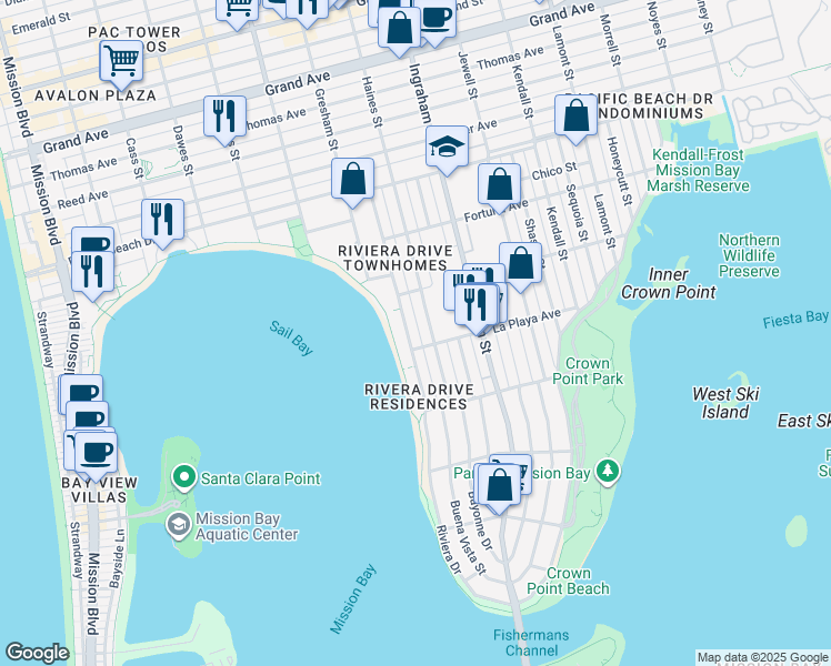 map of restaurants, bars, coffee shops, grocery stores, and more near 3817 Riviera Drive in San Diego