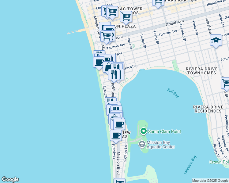 map of restaurants, bars, coffee shops, grocery stores, and more near 3944 Mission Boulevard in San Diego