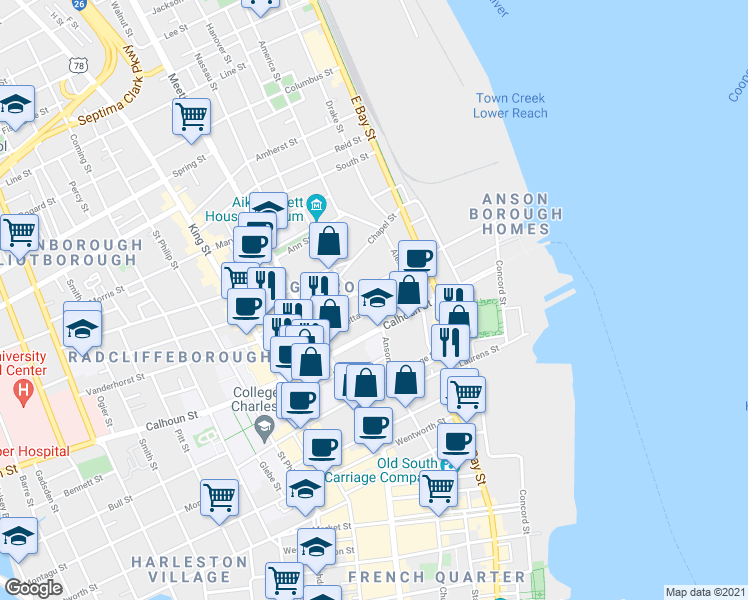 map of restaurants, bars, coffee shops, grocery stores, and more near 12 Elizabeth Street in Charleston