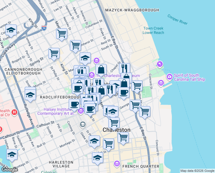 map of restaurants, bars, coffee shops, grocery stores, and more near 49 Charlotte Street in Charleston