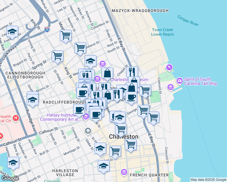 map of restaurants, bars, coffee shops, grocery stores, and more near 49 Charlotte Street in Charleston