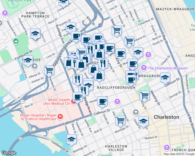 map of restaurants, bars, coffee shops, grocery stores, and more near 71 Morris Street in Charleston