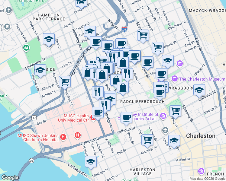 map of restaurants, bars, coffee shops, grocery stores, and more near 71 Morris Street in Charleston