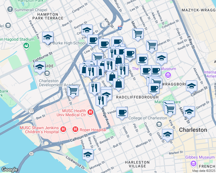 map of restaurants, bars, coffee shops, grocery stores, and more near 71 Morris Street in Charleston