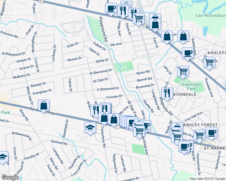 map of restaurants, bars, coffee shops, grocery stores, and more near 1316 Coosaw Drive in Charleston
