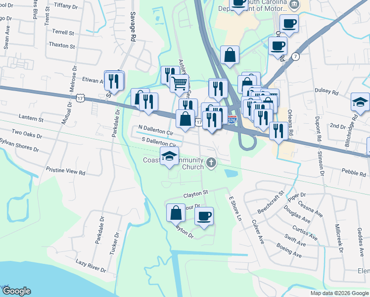 map of restaurants, bars, coffee shops, grocery stores, and more near 2125 South Dallerton Circle in Charleston