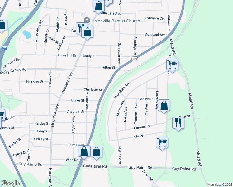 map of restaurants, bars, coffee shops, grocery stores, and more near 4227 Worsham Avenue in Macon