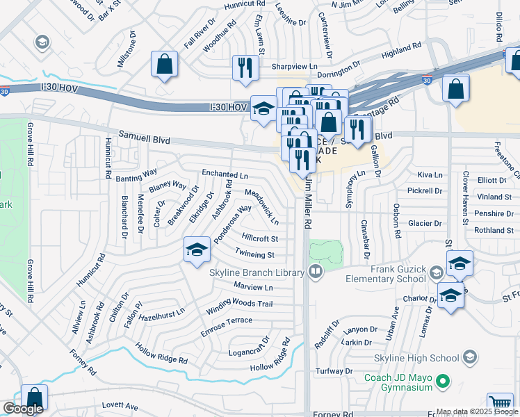 map of restaurants, bars, coffee shops, grocery stores, and more near 5290 Ponderosa Circle in Dallas