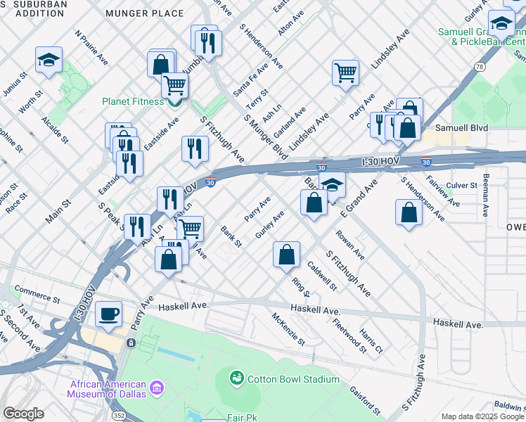 map of restaurants, bars, coffee shops, grocery stores, and more near 4819 Gurley Avenue in Dallas