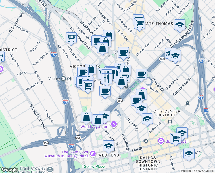 map of restaurants, bars, coffee shops, grocery stores, and more near 20 North Field Street in Dallas