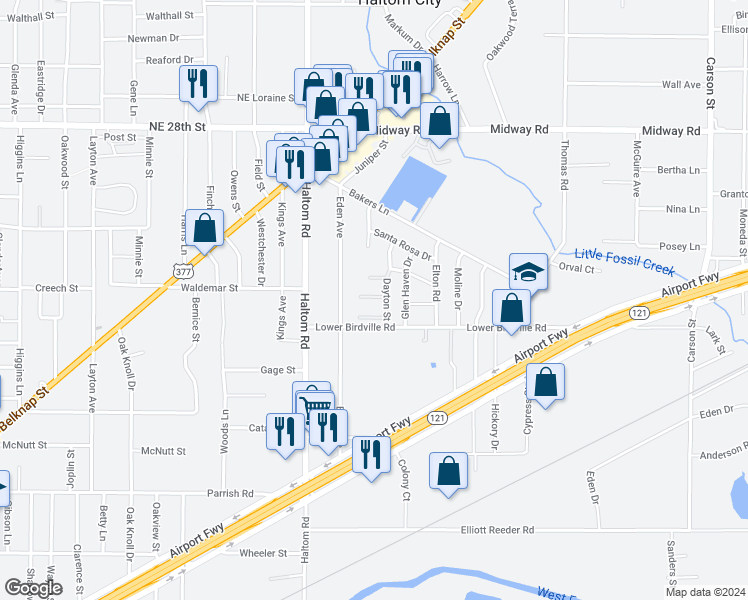 map of restaurants, bars, coffee shops, grocery stores, and more near 2029 Dayton Street in Haltom City