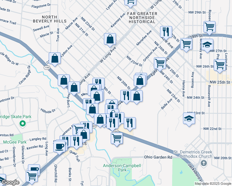 map of restaurants, bars, coffee shops, grocery stores, and more near 2416 Northwest 18th Street in Fort Worth