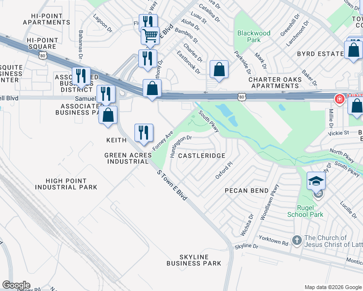 map of restaurants, bars, coffee shops, grocery stores, and more near 3517 Dublin Trail in Mesquite