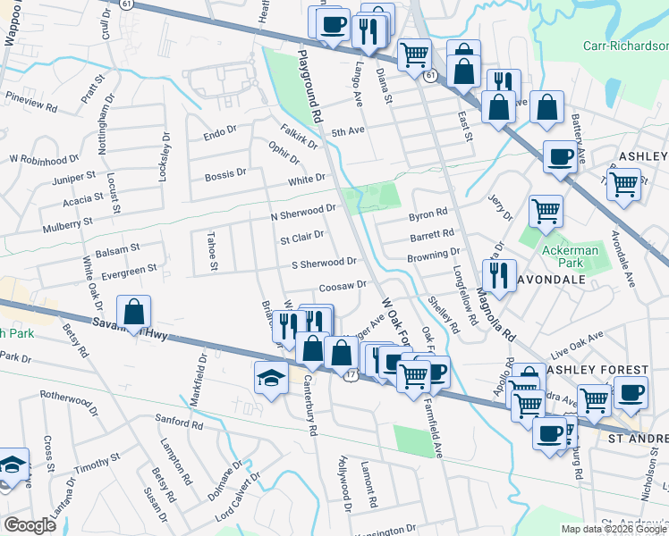 map of restaurants, bars, coffee shops, grocery stores, and more near 1316 Coosaw Drive in Charleston