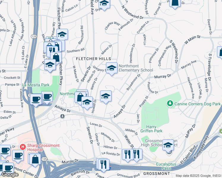 map of restaurants, bars, coffee shops, grocery stores, and more near 2 La Mesa Boulevard in La Mesa